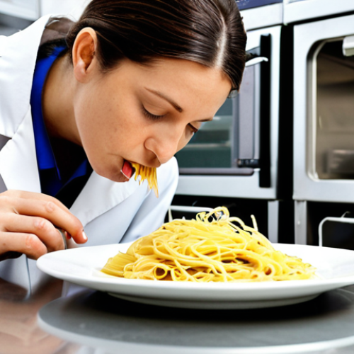 **

A hands-on food quality control technician meticulously examining a plate of pasta in a bright, modern Italian laboratory. Focus on the sensory analysis, showing the technician smelling and observing the food. Include lab equipment in the background, showcasing a blend of traditional Italian cuisine and scientific rigor. Emphasize the DOP/IGP quality certifications.

**