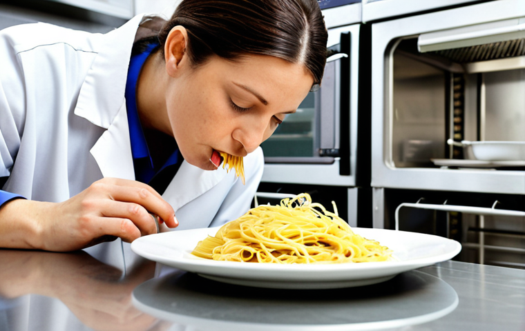 **

A hands-on food quality control technician meticulously examining a plate of pasta in a bright, modern Italian laboratory. Focus on the sensory analysis, showing the technician smelling and observing the food. Include lab equipment in the background, showcasing a blend of traditional Italian cuisine and scientific rigor. Emphasize the DOP/IGP quality certifications.

**