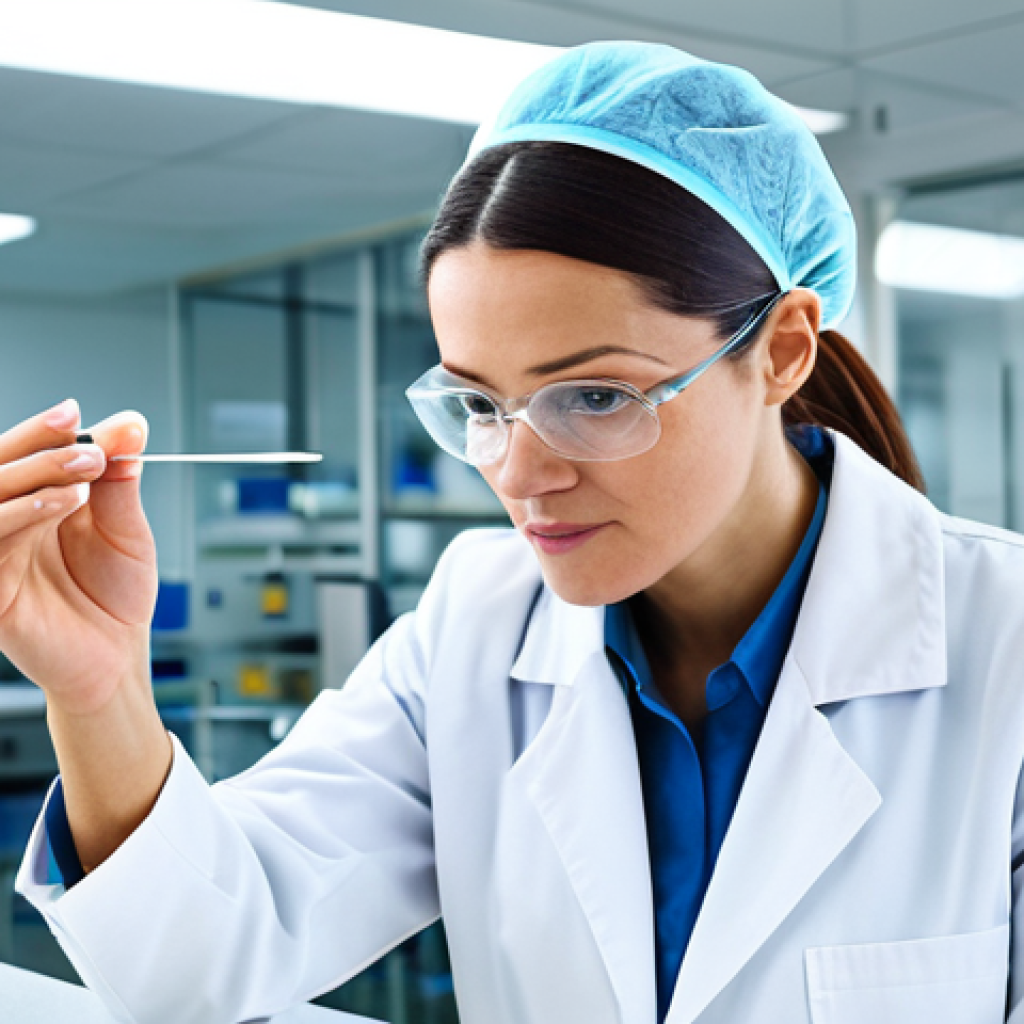 Food Safety Lab Analyst**
A professional female lab analyst in a white coat, fully clothed, examining a petri dish in a brightly lit, modern food safety laboratory. Background includes lab equipment and colleagues. Perfect anatomy, correct proportions, natural pose, well-formed hands, proper finger count. Safe for work, appropriate content, professional, modest, family-friendly, high resolution.
**