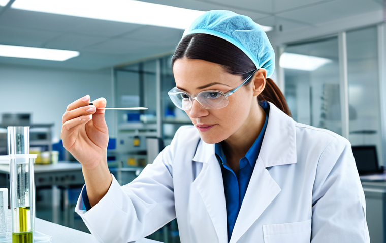 Food Safety Lab Analyst**
A professional female lab analyst in a white coat, fully clothed, examining a petri dish in a brightly lit, modern food safety laboratory. Background includes lab equipment and colleagues. Perfect anatomy, correct proportions, natural pose, well-formed hands, proper finger count. Safe for work, appropriate content, professional, modest, family-friendly, high resolution.
**