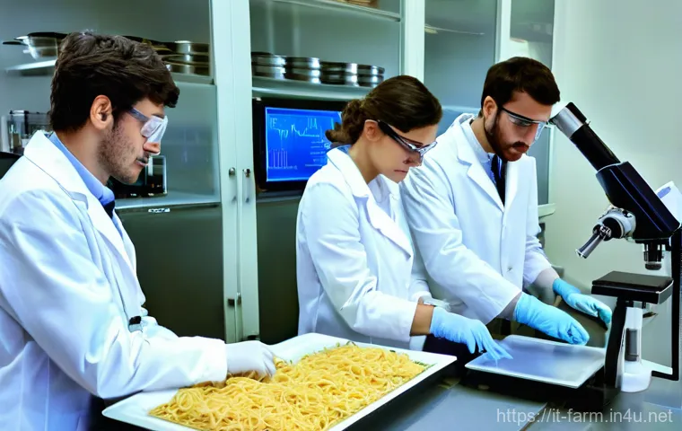 농산물품질관리사 관련 학과 선택 요령 - **Prompt Title: Italian Food Science Experts in the Lab**
**Prompt:** A diverse group of young ...