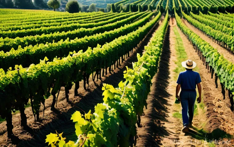 농산물품질관리사 이론 공부 핵심 - **Prompt:** A picturesque, sun-drenched Italian vineyard in Tuscany, with rows of vibrant green grap...