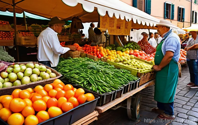농산물품질관리사 이론 공부 핵심 - **Prompt:** An authentic Italian food fair or marketplace scene, bustling with people, centered arou...