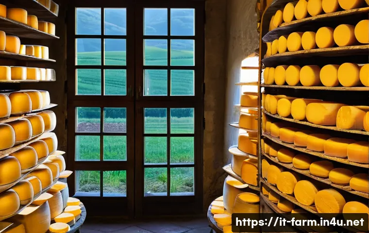 농산물품질관리사 이론 핵심 요약 정리 - **Image Prompt 1: The Heart of Parmigiano Reggiano DOP**
A vibrant, sun-drenched scene showcasin...
