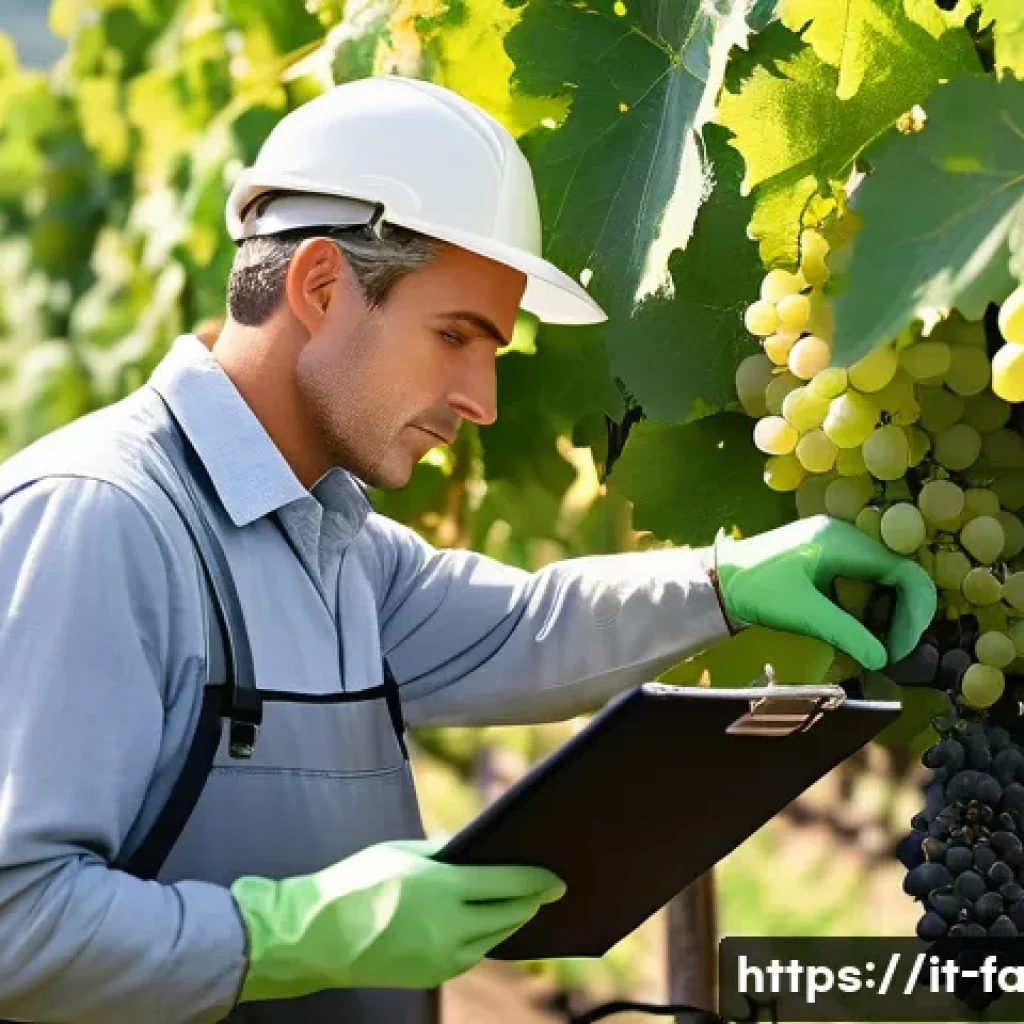 농산물품질관리사 자격증 시험 합격 후기 - A professional agricultural quality technician in a modern Italian vineyard setting, wearing practic...