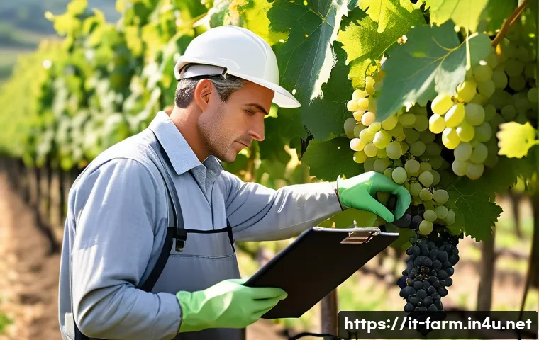 농산물품질관리사 자격증 시험 합격 후기 - A professional agricultural quality technician in a modern Italian vineyard setting, wearing practic...