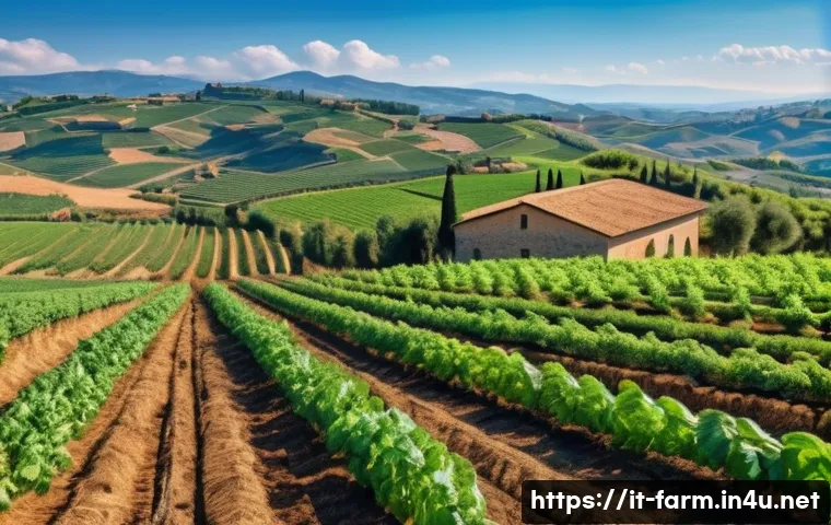농산물품질관리사 초보자 필독 책 추천 - A detailed scene of an Italian agricultural field during harvest season, showing workers in casual f...