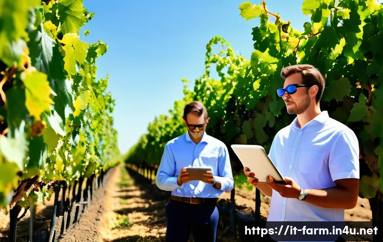 농산물품질관리사 실무 사례 분석 - A modern Italian vineyard equipped with advanced environmental sensors and drones flying overhead fo...