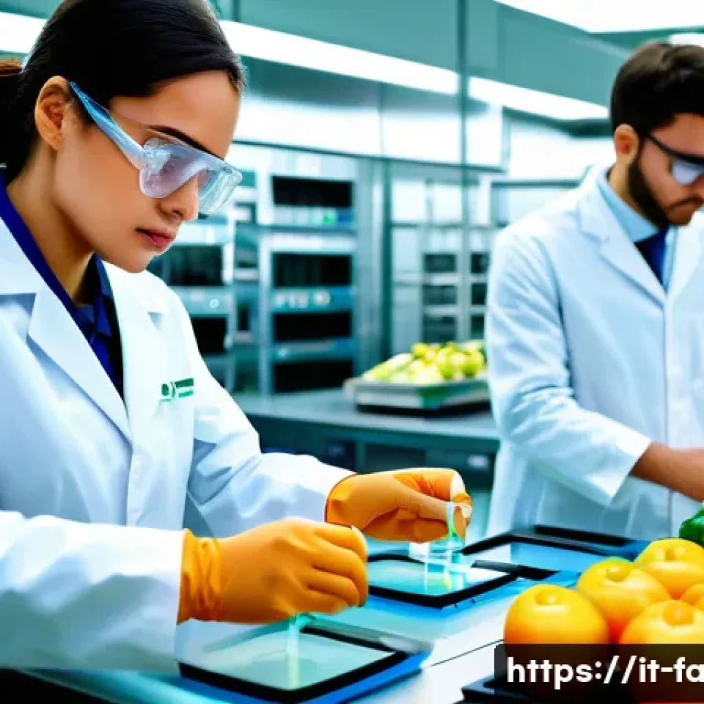 농산물품질관리사와 관련된 전공 과목 소개 - A modern agricultural quality control laboratory scene showing a diverse team of professionals weari...