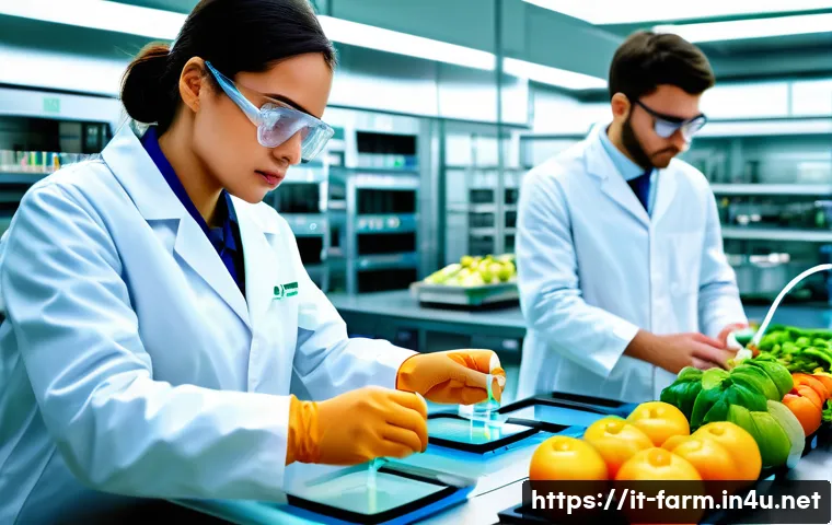 농산물품질관리사와 관련된 전공 과목 소개 - A modern agricultural quality control laboratory scene showing a diverse team of professionals weari...