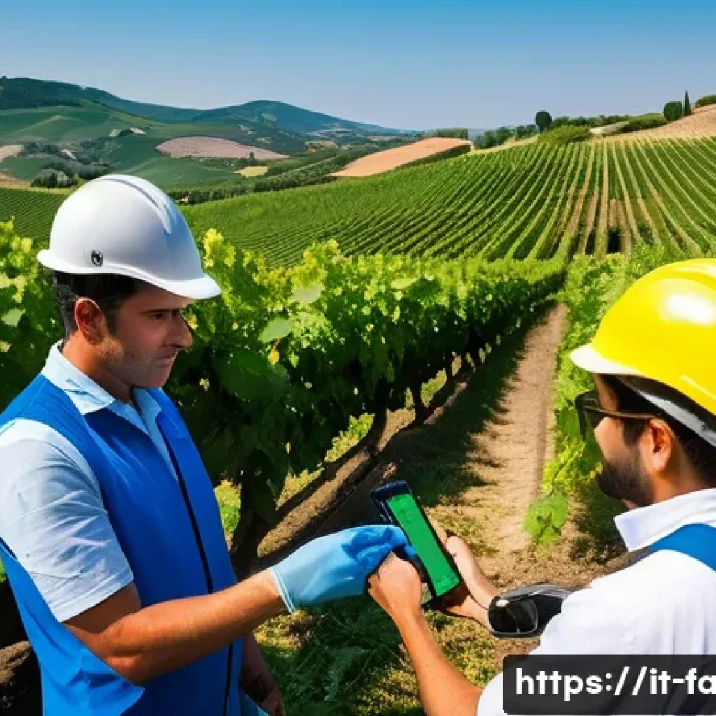 농산물품질관리사 실무 교육의 중요성 - A detailed scene of agricultural workers wearing practical work clothes and safety gear, actively en...
