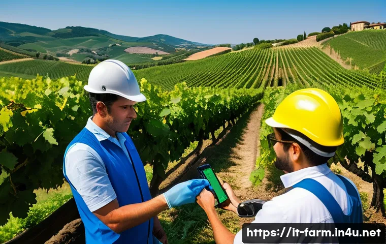 농산물품질관리사 실무 교육의 중요성 - A detailed scene of agricultural workers wearing practical work clothes and safety gear, actively en...