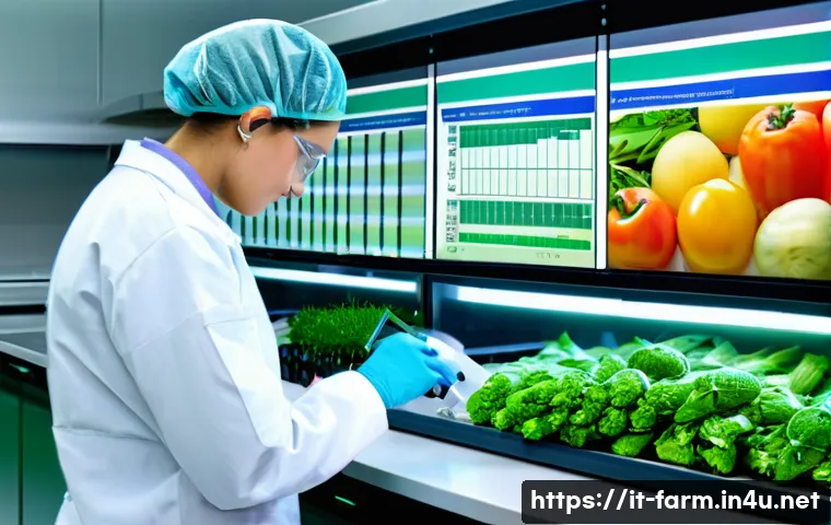 농산물품질관리사 시험 중점 과목 정리 - A modern agricultural quality control laboratory scene showing a professional technician wearing cle...