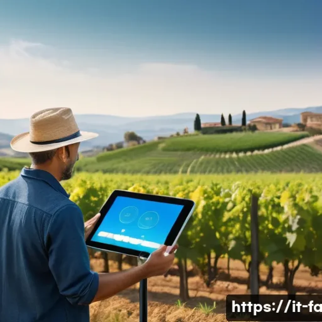 농산물품질관리사 직무 관련 학회 및 세미나 - A modern Italian agricultural field equipped with advanced IoT sensors mounted on weather-resistant ...