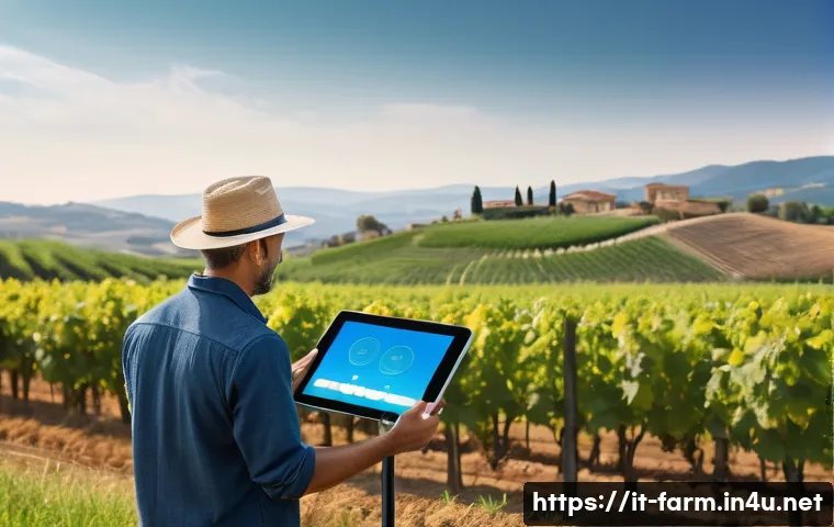 농산물품질관리사 직무 관련 학회 및 세미나 - A modern Italian agricultural field equipped with advanced IoT sensors mounted on weather-resistant ...