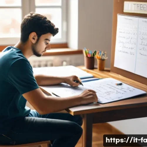 Home 32 농산물품질관리사 자격증 공부 일정 관리 - A focused Italian student sitting at a tidy wooden desk in a quiet, sunlit room, surrounded by study...