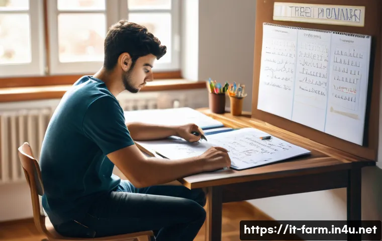 농산물품질관리사 자격증 공부 일정 관리 - A focused Italian student sitting at a tidy wooden desk in a quiet, sunlit room, surrounded by study...