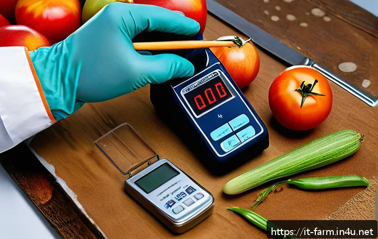 농산물품질관리사 실기시험 준비 팁 - A detailed close-up of an agricultural quality control laboratory scene, featuring hands wearing glo...